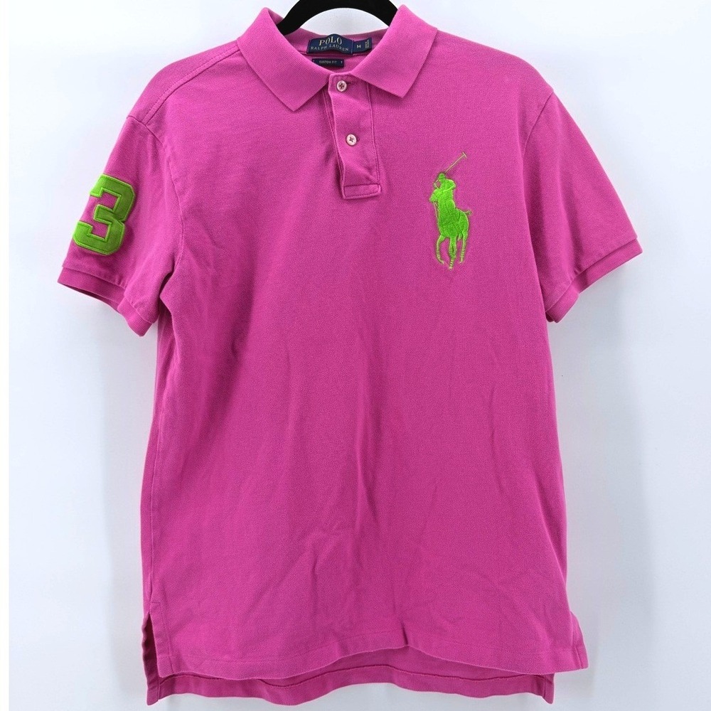 Polo Ralph Lauren Womens M Pink Custom Slim Fit Polo Shirt Green Big Pony #3